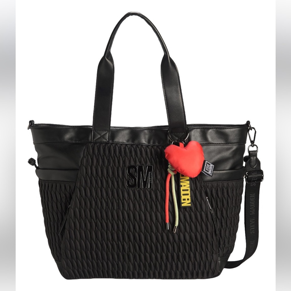 Steve Madden Black Quilted Tote Bag with Geometric Pattern